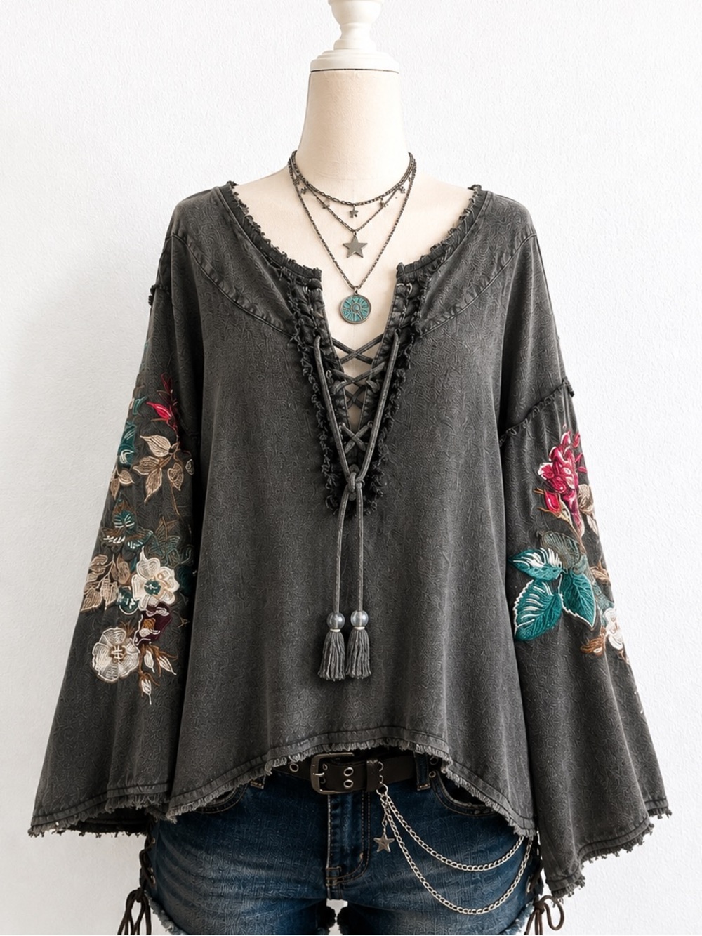 Free People Dark Charcoal Lace-Up Embroidered Sleeve Tunic